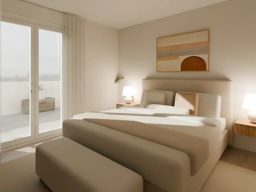 Render della camera da letto con letto matrimoniale e portafinestra sul terrazzo