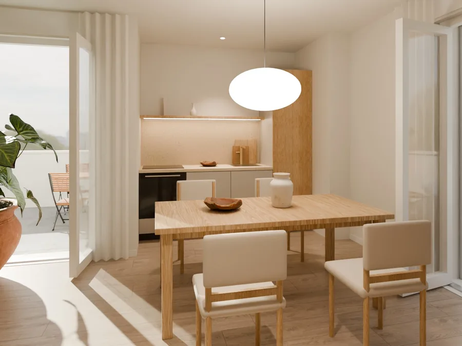 Render della zona pranzo con tavolo in legno e cucina sullo sfondo
