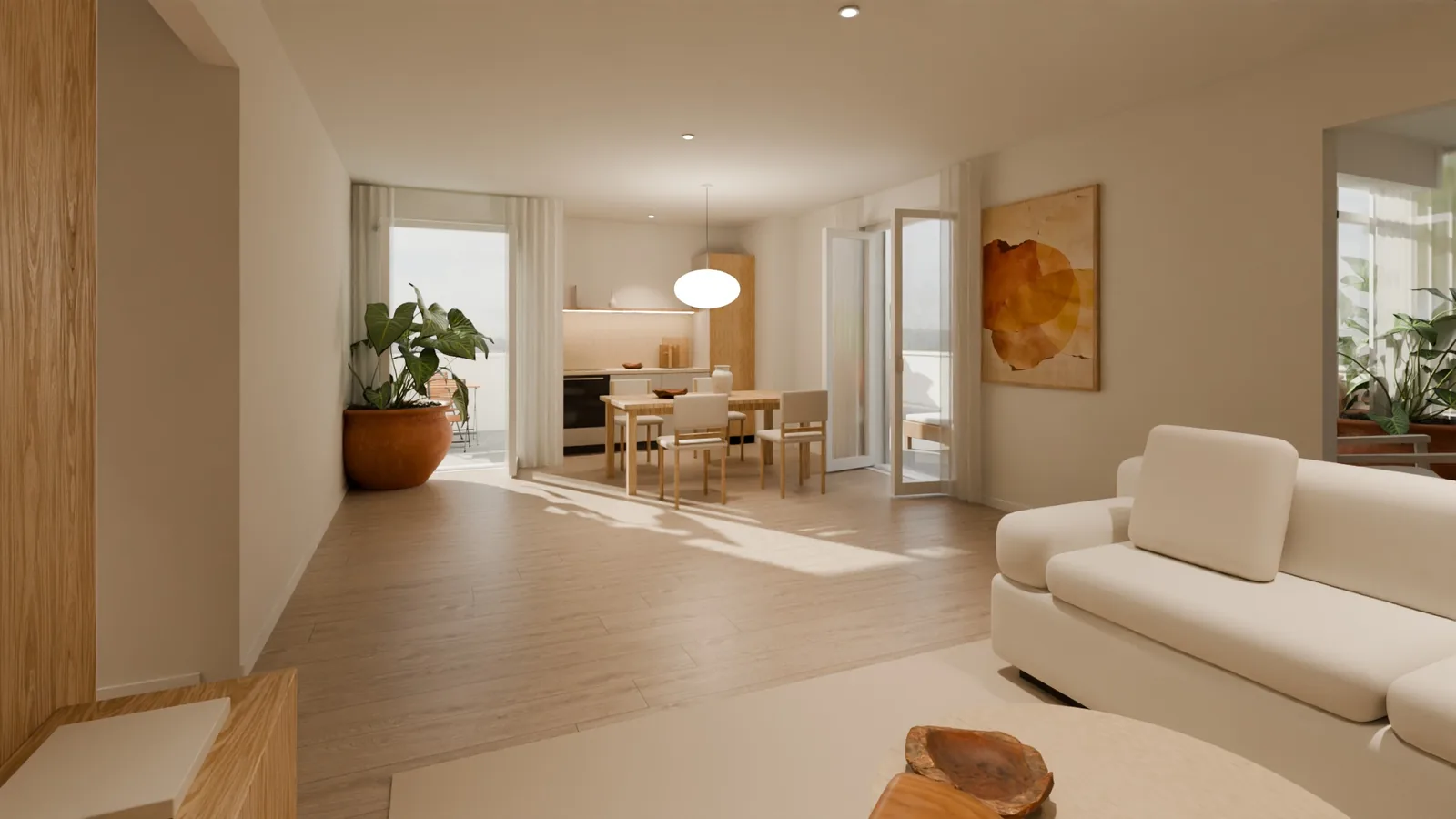 Render fotorealistico di un soggiorno luminoso con divano chiaro, zona pranzo e cucina sullo sfondo