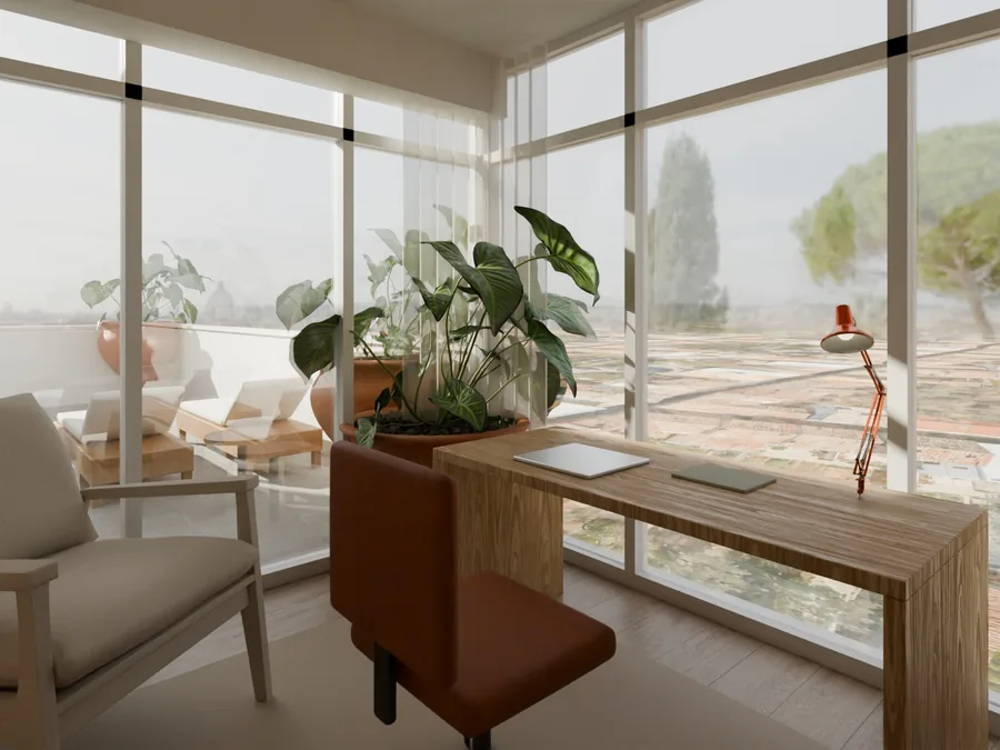 Render dello studio vetrato con scrivania e poltrona, affacciato sul terrazzo
